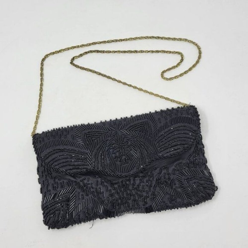 Vintage Black Beaded Evening Clutch‎ With Gold Chain Strap